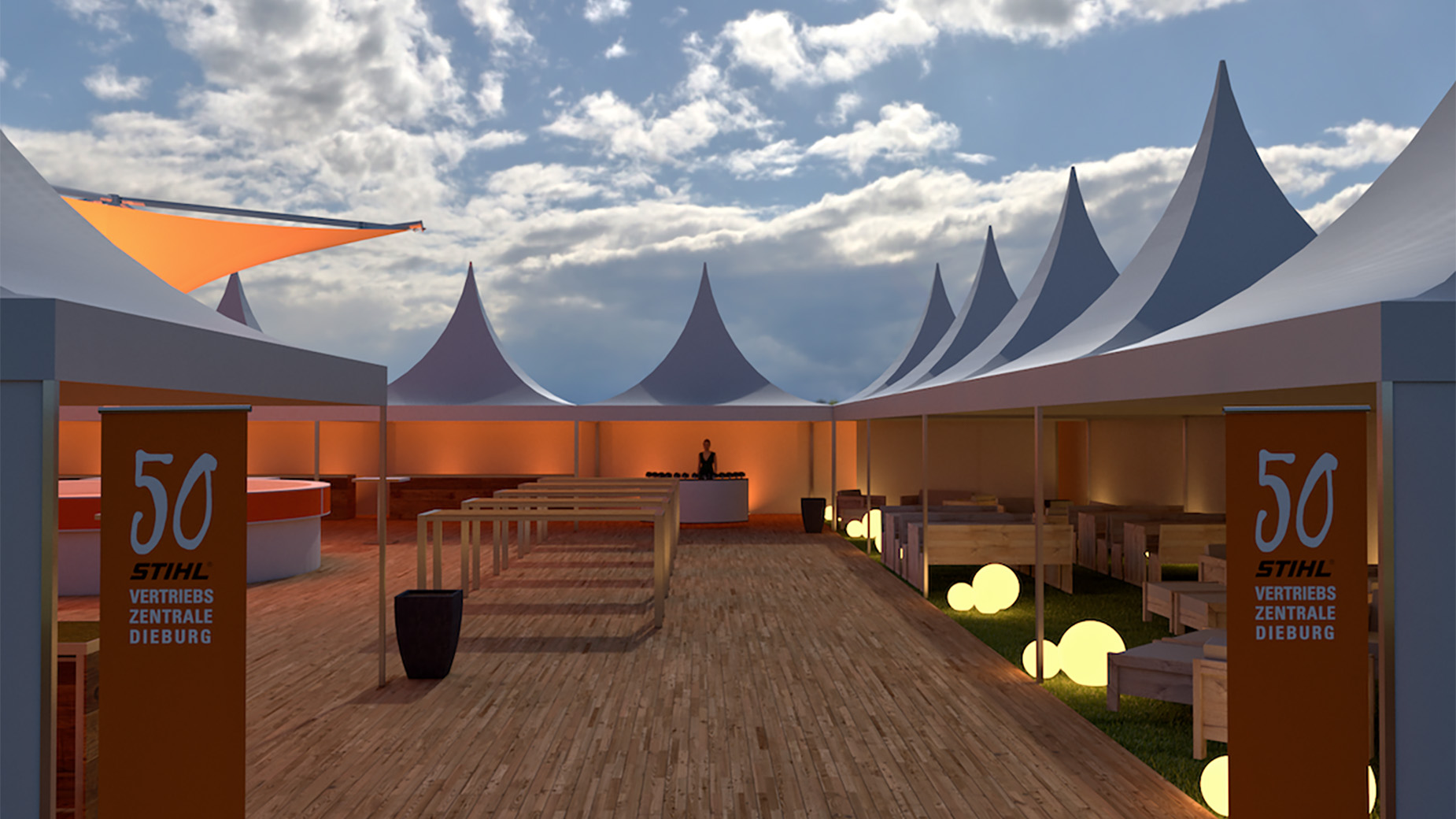 Visualisierung eines stilvollen Outdoor-Bereichs mit weißen Pagodenzelten, Holzboden und Bar zum 50-jährigen Jubiläum von STIHL Dieburg.
