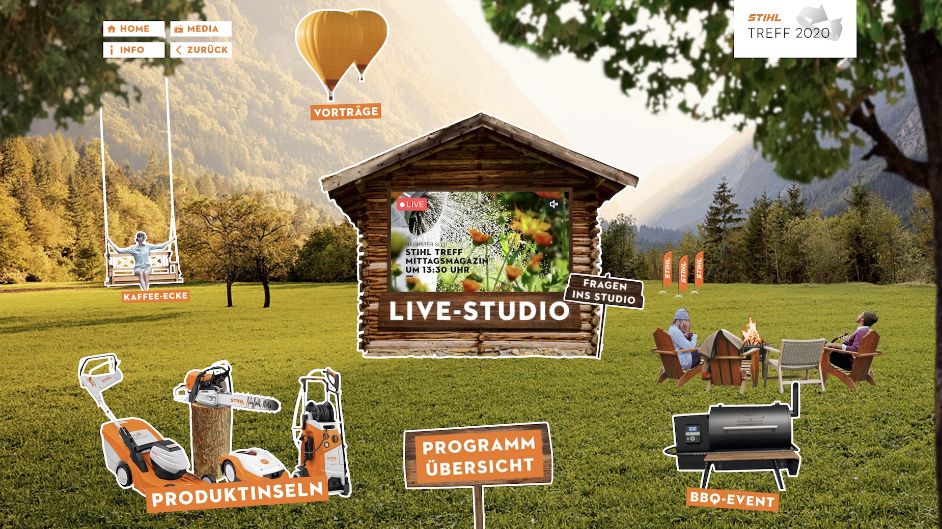 Virtuelle STIHL-Eventlandschaft mit Wiese, Almhütte und interaktiven Stationen. Die Navigation bietet Zugang zu Produkterlebnissen, Gewinnspiel und Live-Training