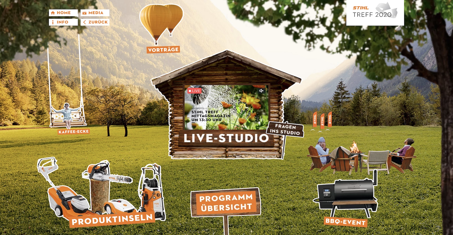 Virtuelle STIHL-Eventlandschaft mit Wiese, Almhütte und interaktiven Stationen. Die Navigation bietet Zugang zu Produkterlebnissen, Gewinnspiel und Live-Training