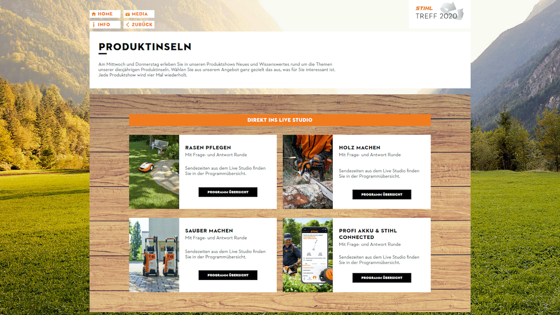 Übersicht der STIHL-Produktinseln mit vier interaktiven Modulen zu verschiedenen Geräten und Themen. Hintergrundbild zeigt Berglandschaft und Holzoptik.