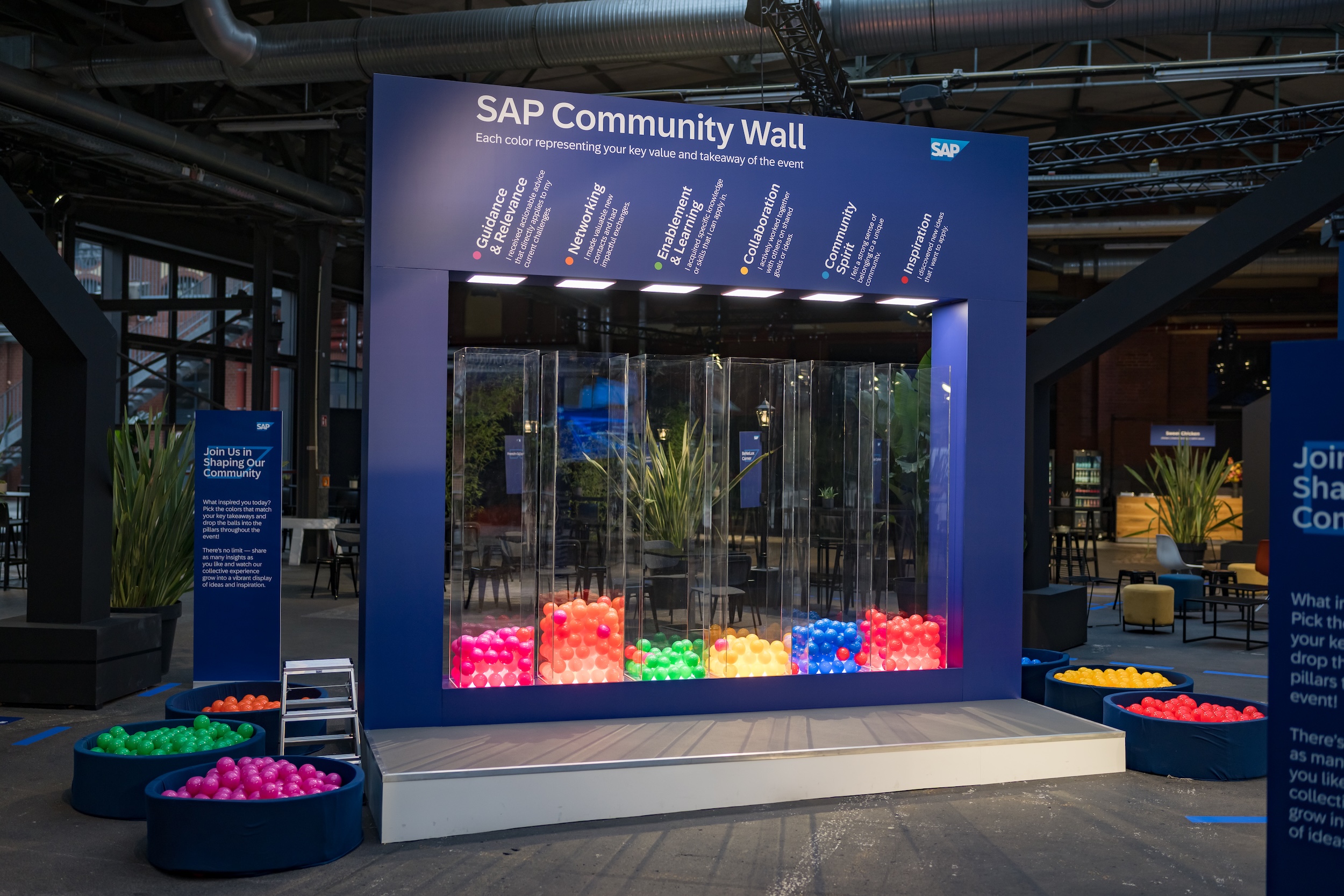 Interactive installation: The SAP Community Wall invites participants to sort colored balls representing key values like Networking, Inspiration, or Collaboration.
